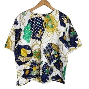 TANJAY 90s Box Fit Scarf print nautical theme short sleeve blouse M